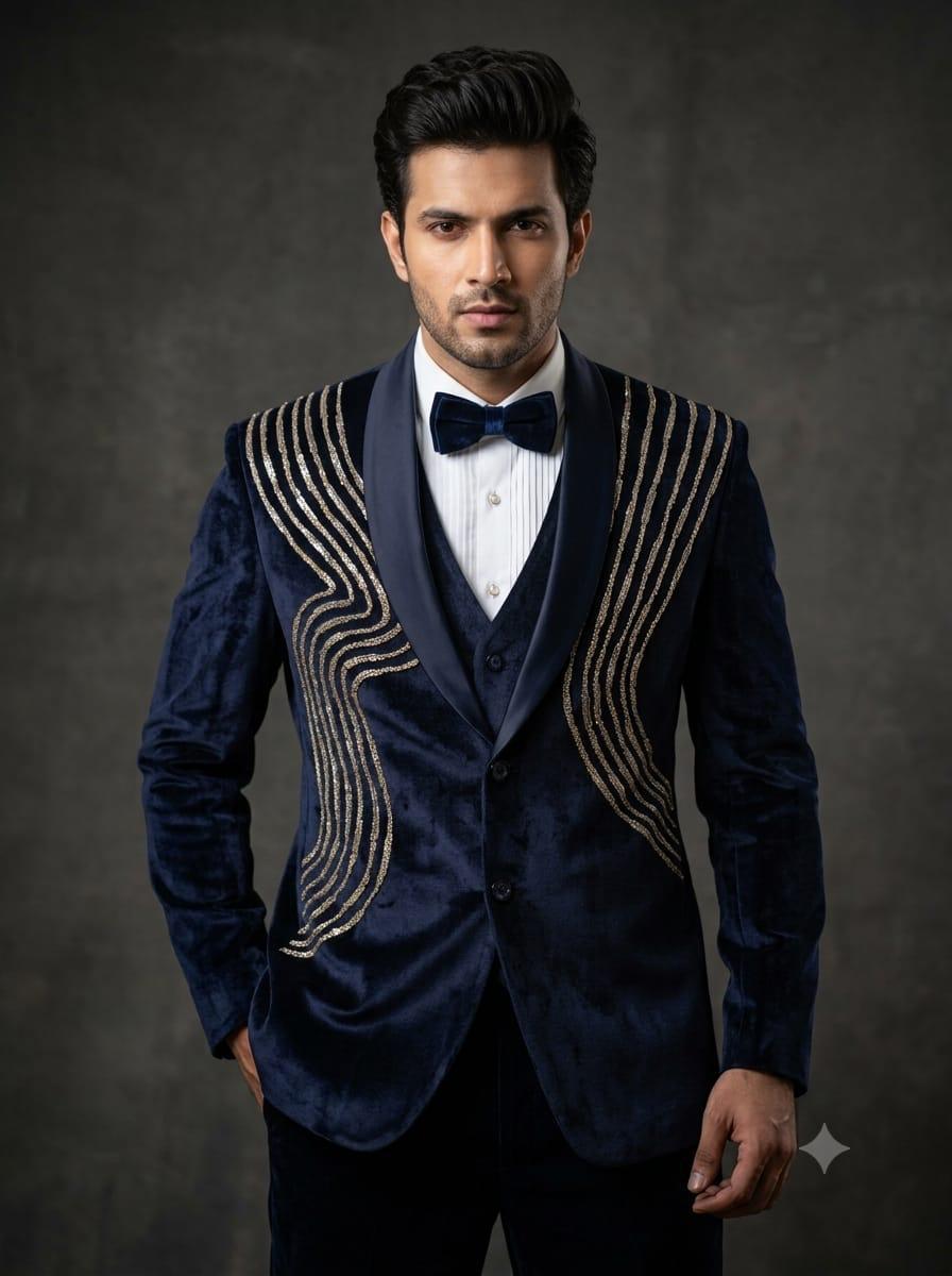 Navy velvet dinner jacket with gold thread-wing embroidery and shawl collar