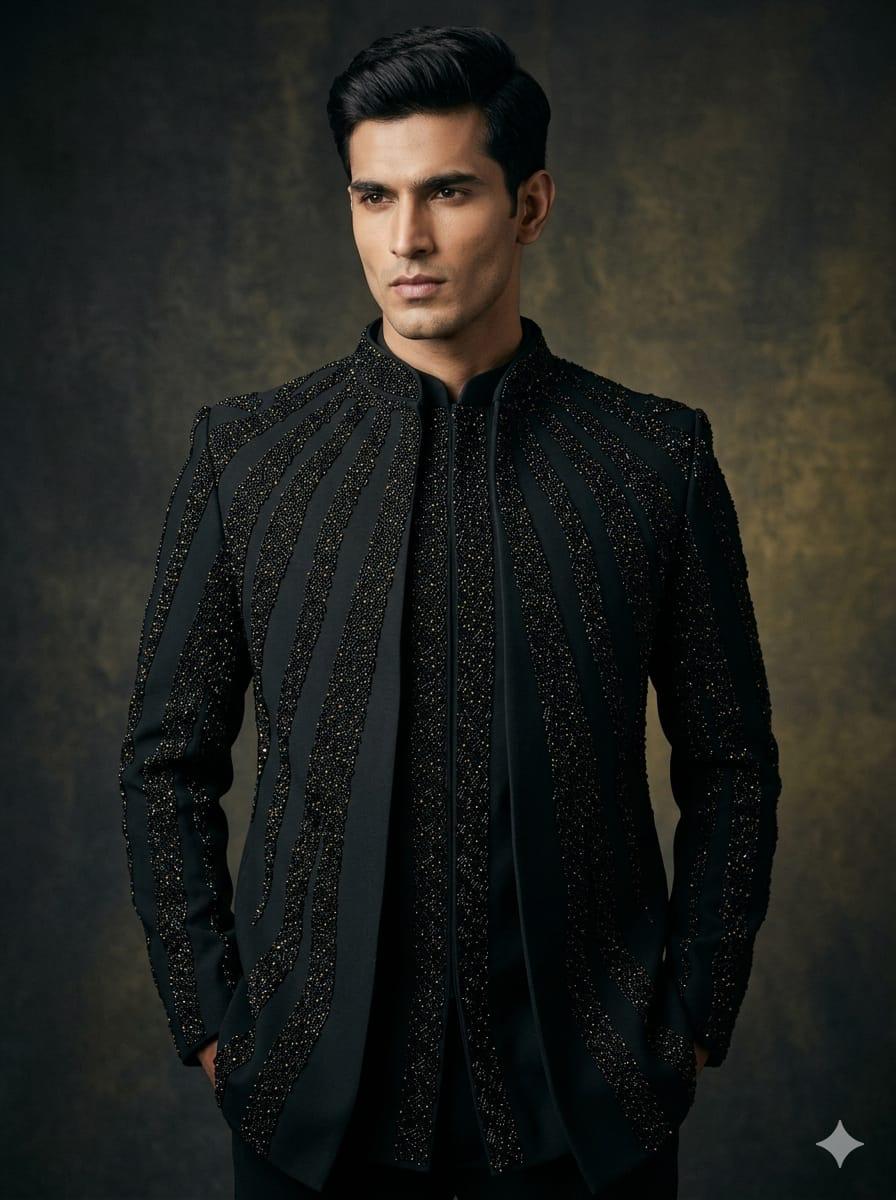 Black bandhgala jacket with vertical beaded stripes
