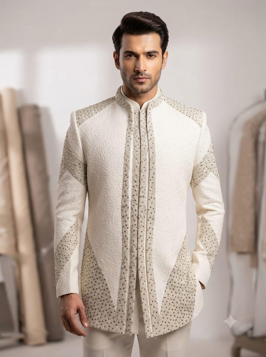 Ivory sherwani jacket with all-over pearl beading