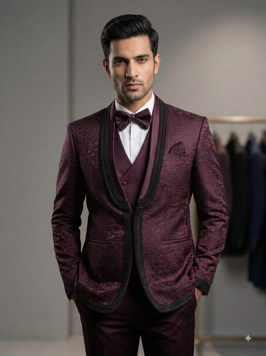 Burgundy jacquard tuxedo with beaded shawl collar