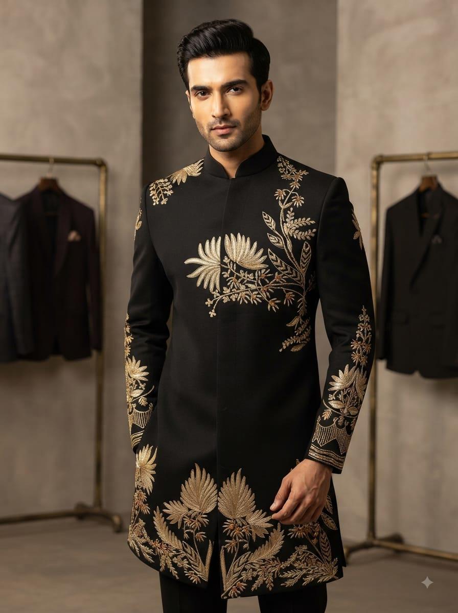 Black sherwani with gold floral and fern embroidery