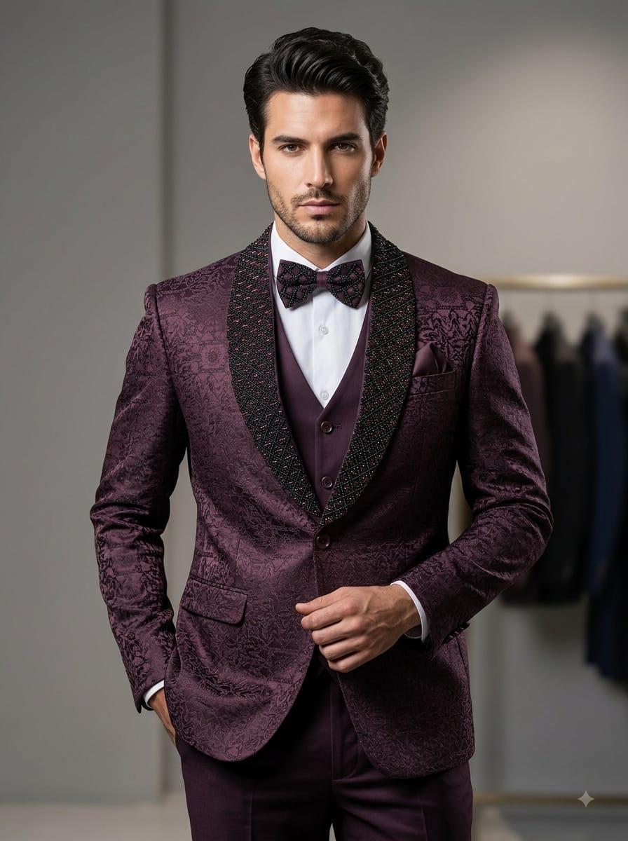 Plum jacquard tuxedo with beaded shawl collar