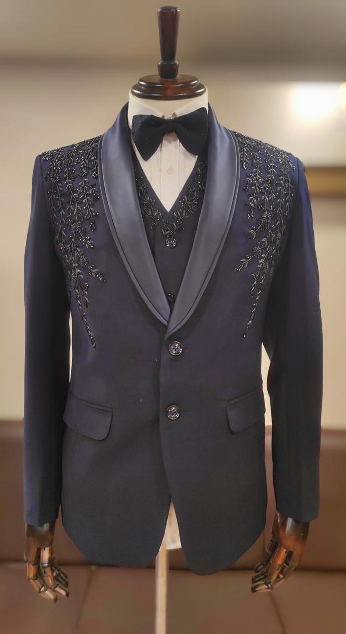 Navy velvet suit with cascading beaded vine embroidery