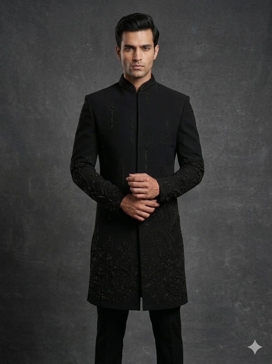 Black sherwani with fine vine embroidery, mandarin collar