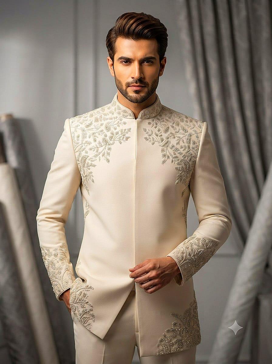Ivory sherwani with panelled diamond bead embroidery