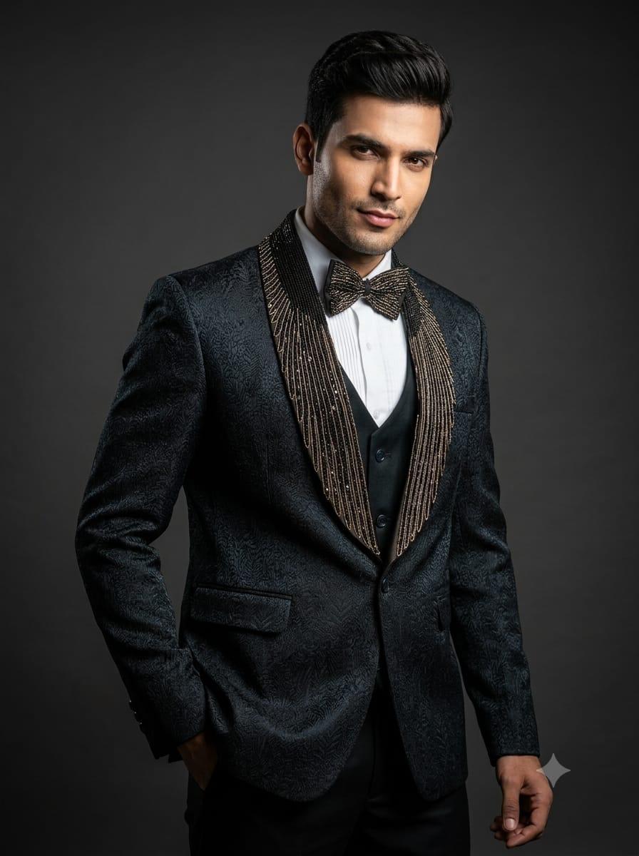 Black jacquard tuxedo with gold fringe beaded collar